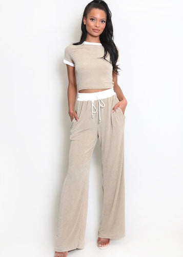 Ribbed T-Shirt And Wide Leg Trouser Set in Nude